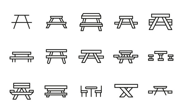 Simple set of picnic table icons in trendy line style.