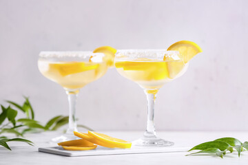 Glasses of tasty martini cocktail with lemon on light background