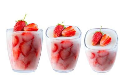 Panna cat from strawberries and cream, jelly, pudding. Isolated object on a white background. Photo, image.