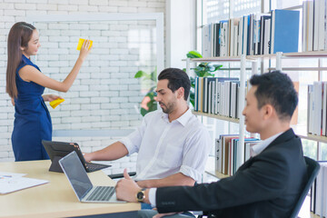 businessman and secretary with team business working together using laptop computer at modern office, Lifestyle business work at home concept.