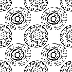 Black and white seamless pattern of decorative circles. Abstract, fantasy items for coloring book