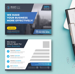 Business Agency Postcard Template Design With Gradient Blue Accents. Double Sided Vector Corporate Postal Card Layout. post card for offline advertisement