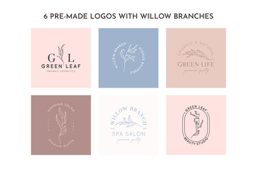 Willow branch with leaves logo design template in simple minimal linear style. Abstract Feminine Vector Signs © Sini4ka