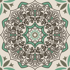 Seamless Azulejo tile in brown, green and gray colors. Portuguese and Spain decor. Islam, Arabic, Indian, Ottoman motif. Vector Hand drawn pattern