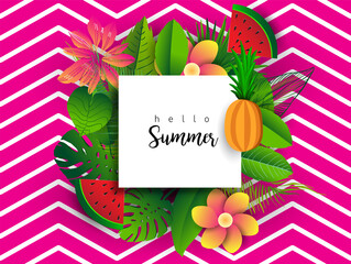 Summer vector banner design with tropical fruits and palm leaves background. Vector illustration.