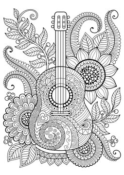 Vector coloring page for adult. Antis-tress and relax meditation. Guitar with black and white ornaments and stylized flowers