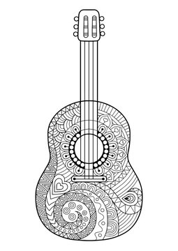 Vector coloring page for adult. Antis-tress and relax meditation. Guitar with black and white ornaments and stylized flowers