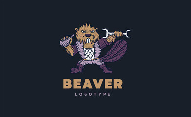 Beaver with a wrench and a grenade. Mechanic. Logo for a car service. Vector illustration 