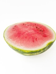 Bright ripe juicy red watermelon cut with black seeds on a white background.