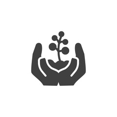 Sprout in a hand vector icon. filled flat sign for mobile concept and web design. Hands holding plant glyph icon. Environment protection symbol, logo illustration. Vector graphics