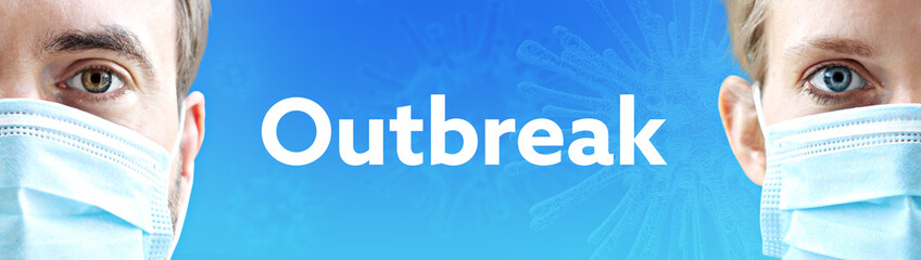Outbreak (pandemic). Faces of man and woman with face mask. Couple wearing breathing mask. Blue background with text. Virus, corona, coronavirus