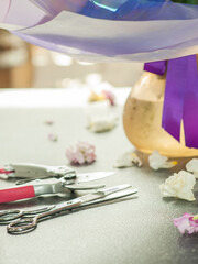 Desktop florist Selling flowers. Small business. Selective focus.