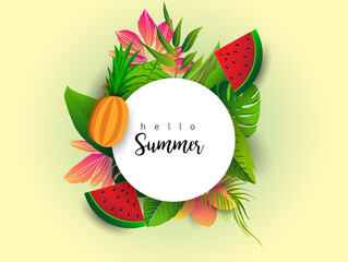 Summer vector banner design with tropical fruits and palm leaves background. Vector illustration.