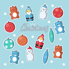Decorations for Christmas tree: Snowman, Santa, Kitty, Teddy Bear and other cute ornamets on light blue bckground. Vector illustration in cartoon style