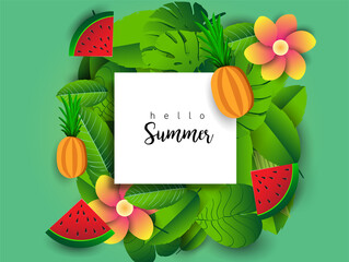 Summer vector banner design with tropical fruits and palm leaves background. Vector illustration.