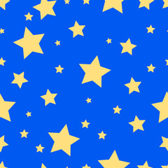 Seamless pattern with yellow stars on a blue background. Sketch, vector. Use for fabric, baby clothes. Wallpaper, wrapping paper, napkins, packages. Cartoon.