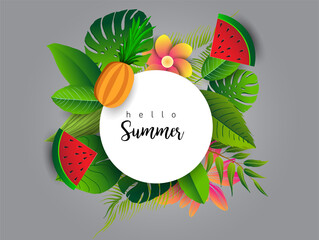 Summer vector banner design with tropical fruits and palm leaves background. Vector illustration.