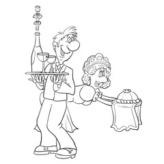 sketch, man and woman, according to the good old tradition, greet guests with a loaf and a large bottle of vodka, cartoon illustration, isolated object on a white background, vector illustration,