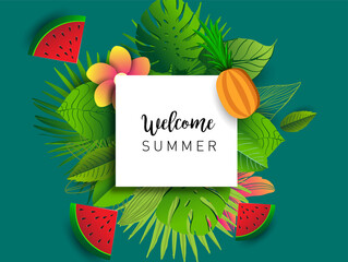 Summer vector banner design with tropical fruits and palm leaves background. Vector illustration.