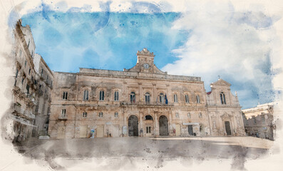 Main square with city hall in the center of Ostuni, Puglia, Italy. Piazza della Liberta and Church Chiesa di San Francesco D'Assisi, a Roman Catholic cathedral. Watercolor style illustration