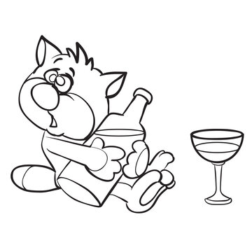 sketch, a cat pours wine from a bottle into his glass, alcoholism, cartoon illustration, isolated object on a white background, vector illustration,