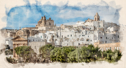 Fototapeta na wymiar Ostuni, Puglia, Brindisi, Italy. old town and Roman Catholic cathedral and church Confraternity of Carmine. The white city in Apulia . Watercolor style illustration