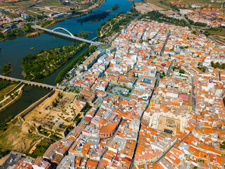 Fototapeta na wymiar Aerial view of Merida with Roman Bridge and Lusitania Bridge