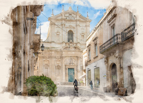 Ancient Baroque church Santa Irene in historical center in the old town of Lecce, Puglia, Italy. A region of Apulia. Watercolor style illustration