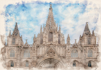 Fototapeta na wymiar Barcelona, Spain. View of Barcelona Cathedral - Catedral de la Santa Cruz y Santa Eulalia ( the Holy Cross and Saint Eulalia ). Watercolor style illustration