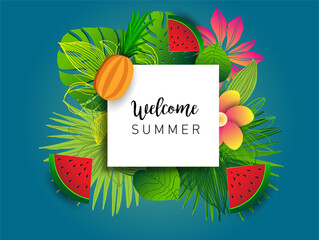 Summer vector banner design with tropical fruits and palm leaves background. Vector illustration.
