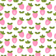 Pink strawberries with green leaves seamless pattern on white background. Summer berry fruit print for kitchen textile, kids or nursery wear, wrapping paper print.