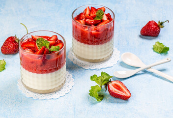 Traditional italian dessert vanilla strawberry panna cotta. banner menu recipe place for text