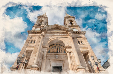 The cathedral Basilica of Saints Cosmas and Damian (Parrocchia Santuario Basilica S.S. Cosma E Damiano). Church in Alberobello, Puglia, Italy . Famous with trulli house. Watercolor style illustration