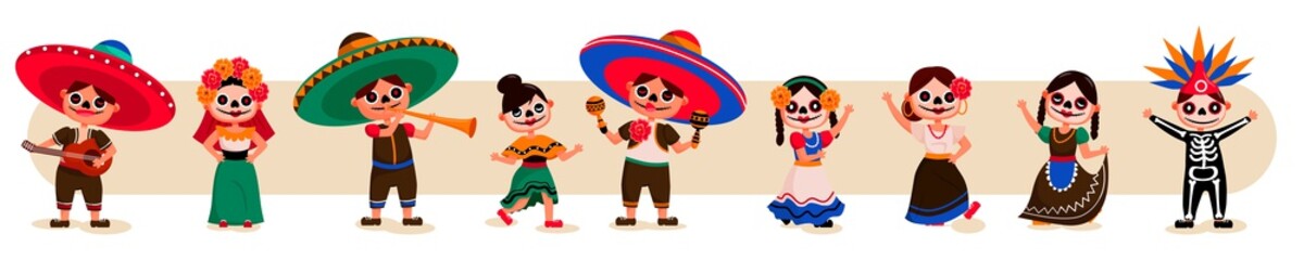 Skeleton character set. Masquerade happy smiling skeleton character wearing scull face and traditional mexican suit isolated on white background.