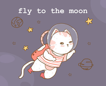 cute Astronaut cat fly on galaxy surrounded with stars and planet, catronuat drawing doodle, idea for greeting, birthday card