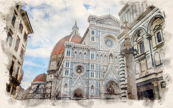 Florence, Italy. Cathedral Santa Maria del Fiore. Duomo of Firenze. Watercolor illustration