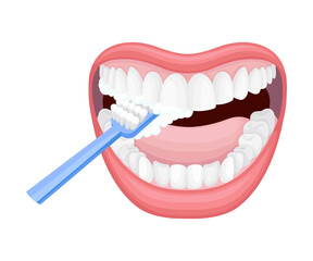 Open Mouth with Toothbrush Scrubbing and Cleaning Teeth Vector Illustration