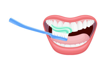 Open Mouth with Toothbrush Scrubbing and Cleaning Teeth Vector Illustration