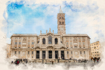 Fototapeta premium Rome, Italy. Basilica di Santa Maria Maggiore . Saint Mary Major , a Papal major basilica and the largest Catholic Marian church. Watercolor style illustration