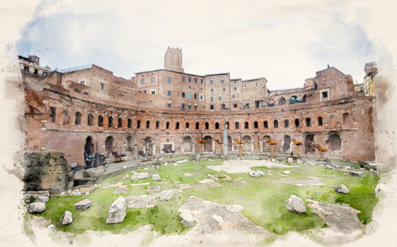 The forum and Market of Trajan in Rome, Italy. Trajan's Market (Mercati di Traiano) is one of the main tourist attractions of Rome. Watercolor style illustration