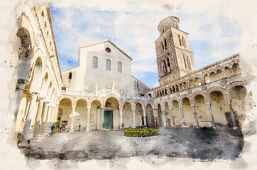 Salerno, Italy. The Salerno Cathedral, the Norman Dome of Saint Matthew. Watercolor style illustration - obrazy, fototapety, plakaty