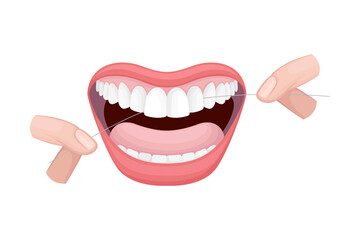 Open Mouth with Dental Floss Cleaning Teeth Vector Illustration