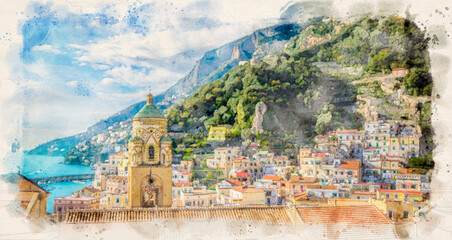 Beautiful view of Amalfi village, Italy. The colorful houses and Mediterranean Sea. Watercolor style illustration - obrazy, fototapety, plakaty
