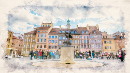 Warsaw, Poland. Bronze statue of Mermaid on the Old Town Market Square surrounded by colorful old houses. Watercolor style illustration © mitzo_bs