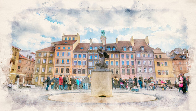 Warsaw, Poland. Bronze statue of Mermaid on the Old Town Market Square surrounded by colorful old houses. Watercolor style illustration
