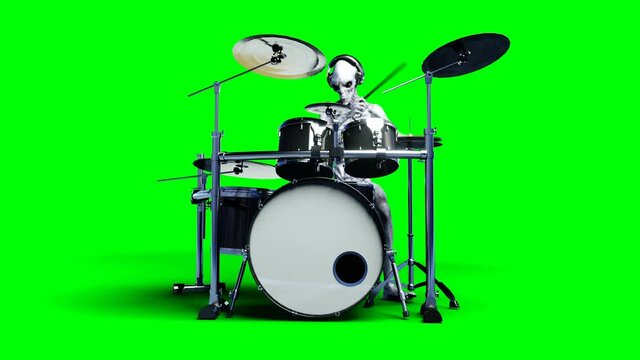 Funny alien plays on drums. Realistic motion and skin shaders. 4K green screen footage.