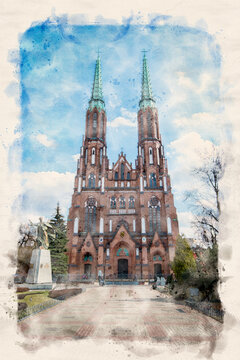 WARSAW, POLAND. Twin Towered Cathedral of Saint Michael the Archangel and Saint Florian the Martyr in the Praga District. Watercolor style illustration