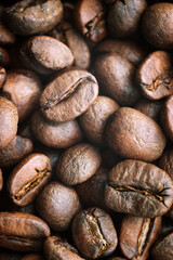 Macro closeup of roasted coffee beans