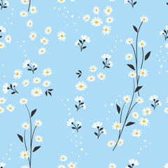 Seamless pattern with daisy flowers and leaves on pastel blue background vector.