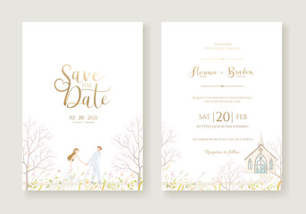 Fototapeta na wymiar Wedding Invitation, save the date, thank you, rsvp card Design template. Vector. Bride and groom go to church wedding ceremony.